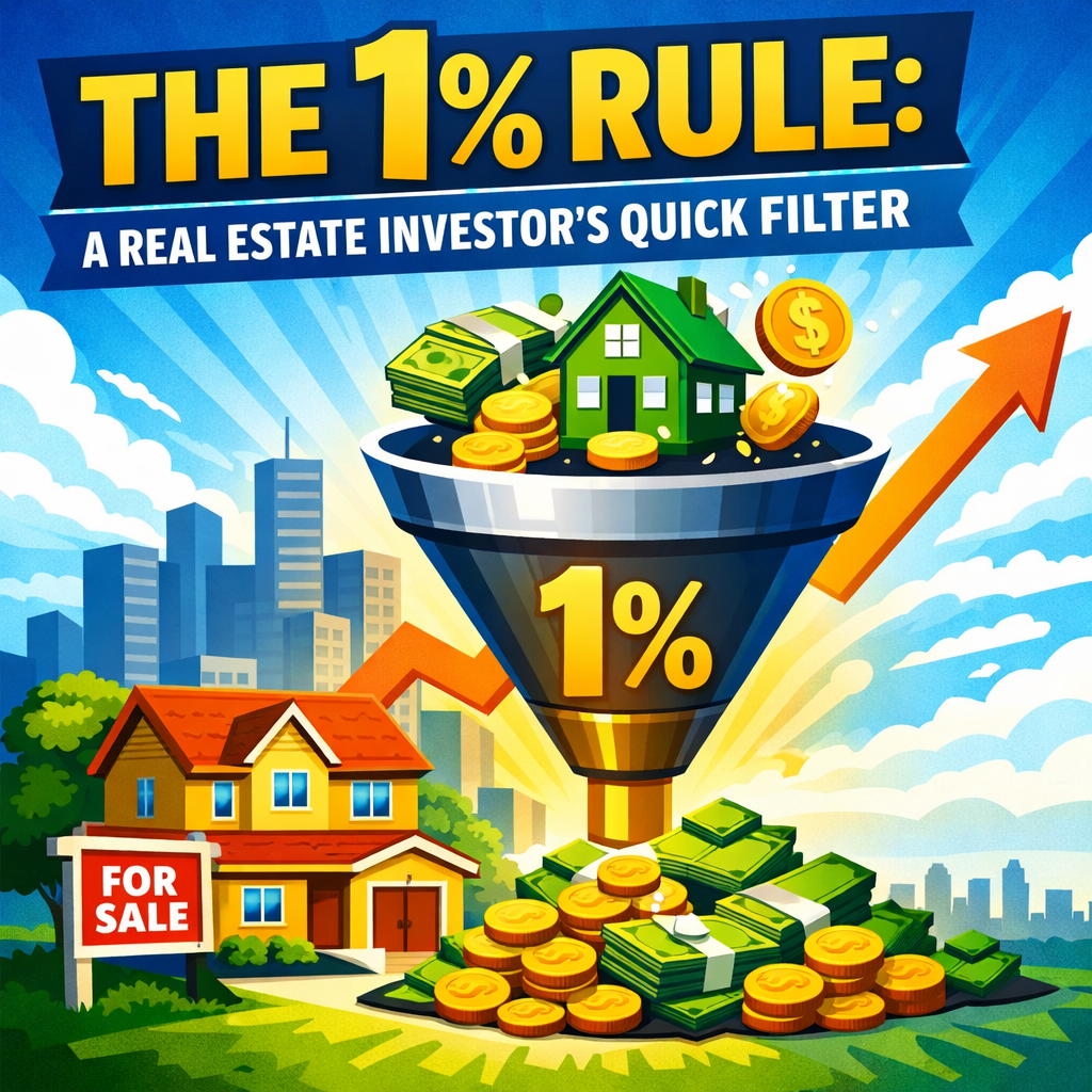 Calculator and property documents illustrating the 1% rule calculation