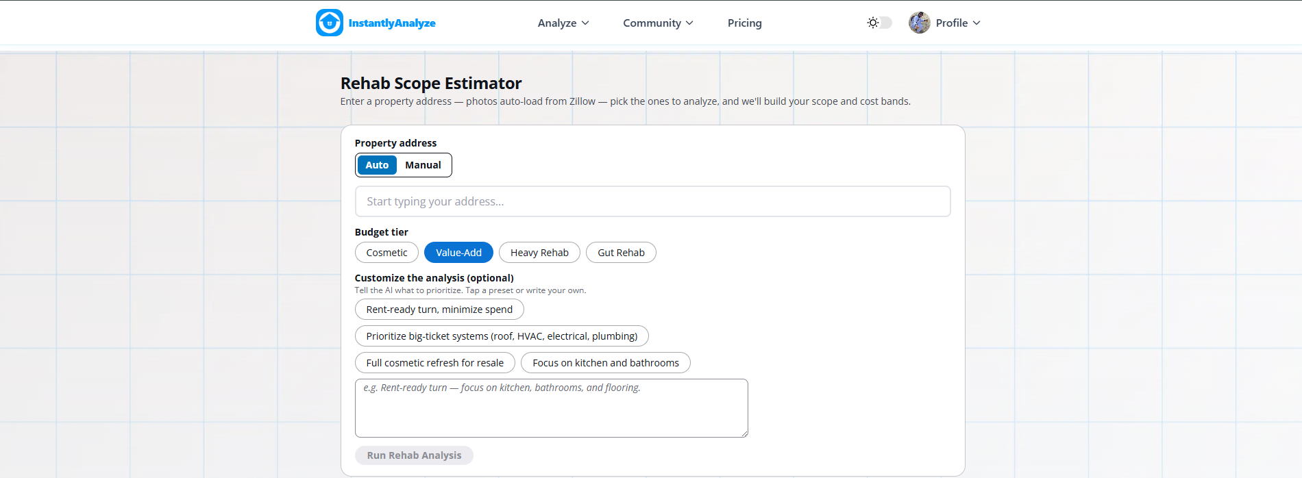 Rehab Coach creation page with address, budget tier, and custom instruction controls