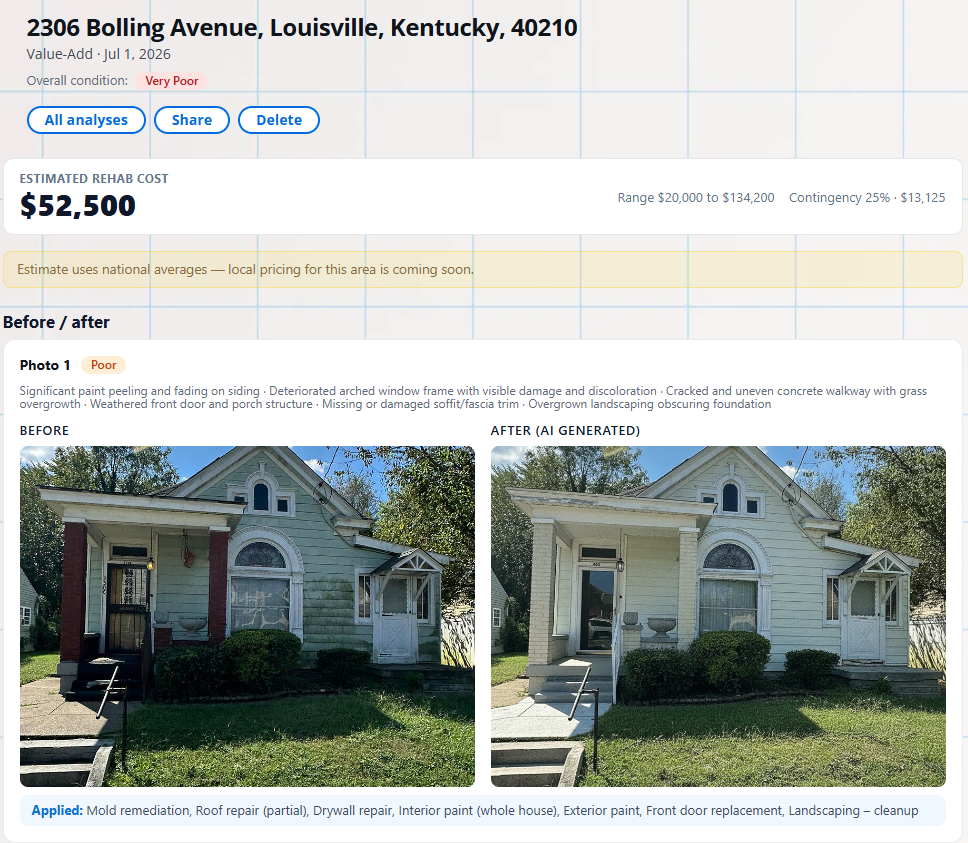 Before and after exterior rehab render for a distressed rental property.