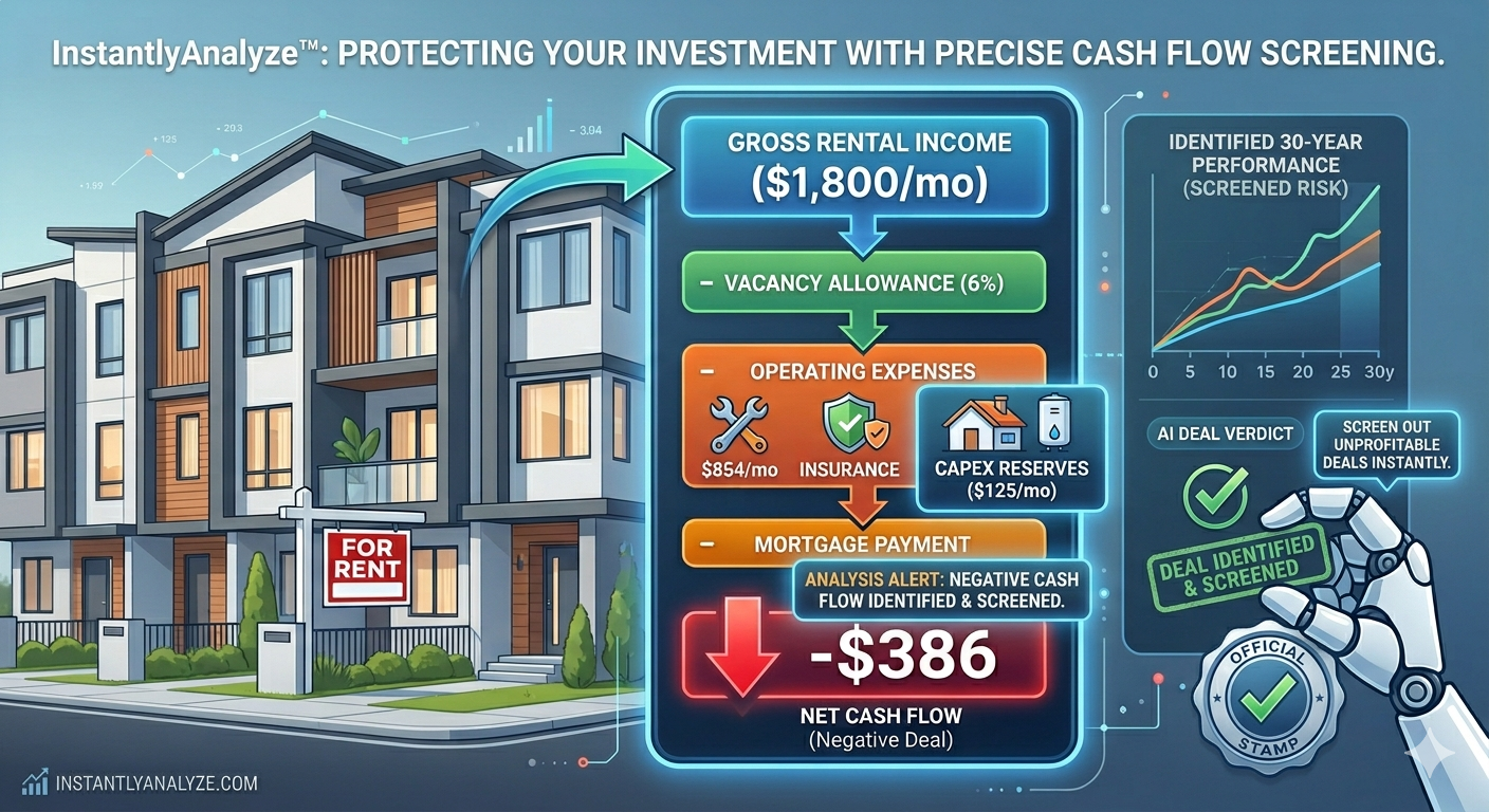 Cash flow calculation dashboard for a rental property investment