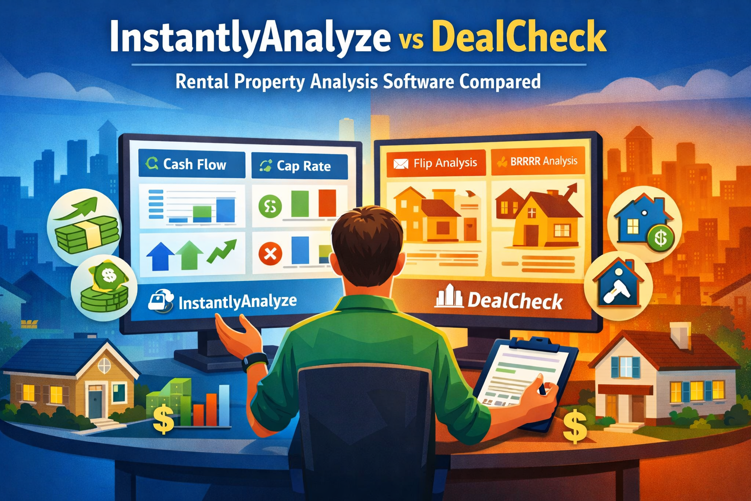 Rental investor comparing real estate analysis software dashboards