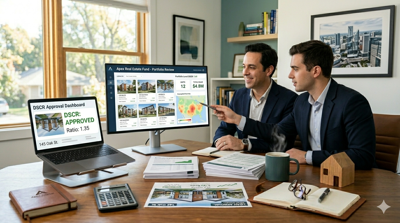 A real estate investor reviewing a rental property DSCR loan approval showing a ratio of 1.35