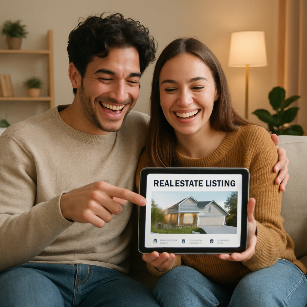 A happy couple looking at a tablet showing a real estate listing in a cozy living room